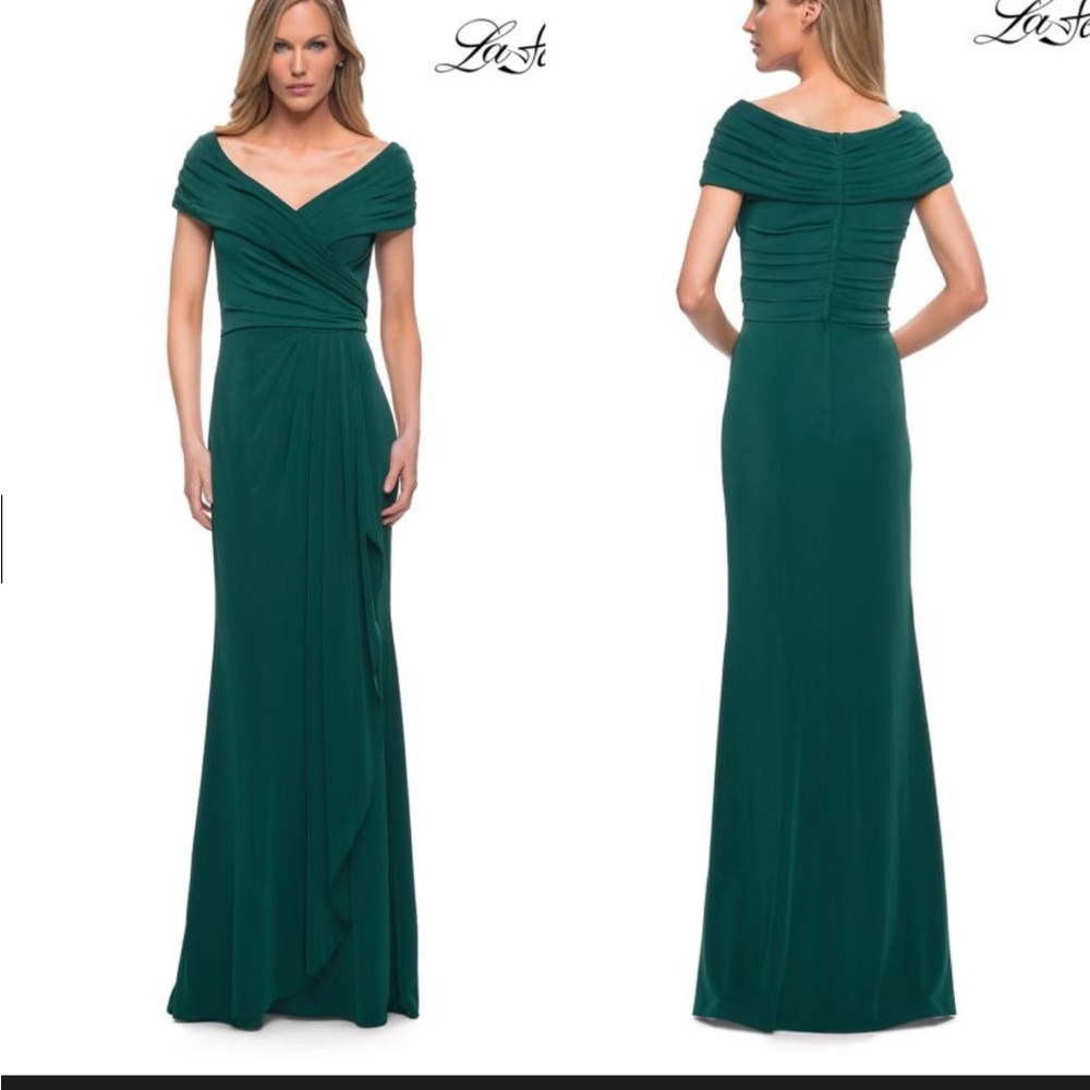 La Femme Off Shoulder V Neck Long Sheath Jersey Gown